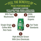 Organic Low Acid Mushroom Coffee with Lion's Mane, Reishi, Cordyceps, Turkey Tail, and Chaga Mushrooms. Premium High Altitude Medium Roast Ground Bags. Great Tasting (Unlike Cheap Instant Coffee)