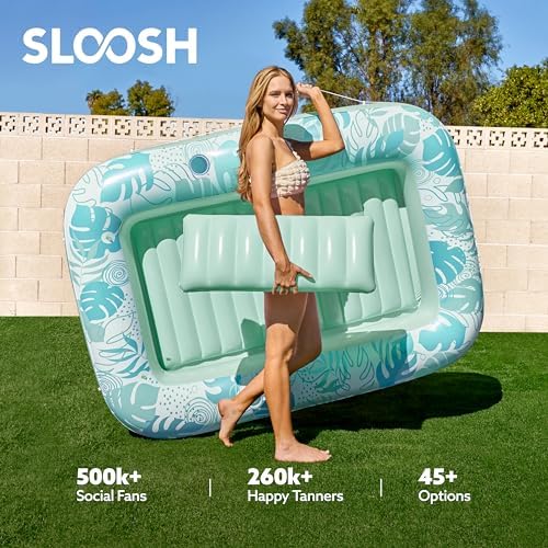 SLOOSH Inflatable Tanning Pool Lounger Float, 70" x 46" Pool Floats Adult with Pillow, 4 in 1 Suntan Tub Raft Floatie,Sunbathing Bed Lounge for Water Blow Up Kids Ball Pit Party Gifts, L-Cyan White