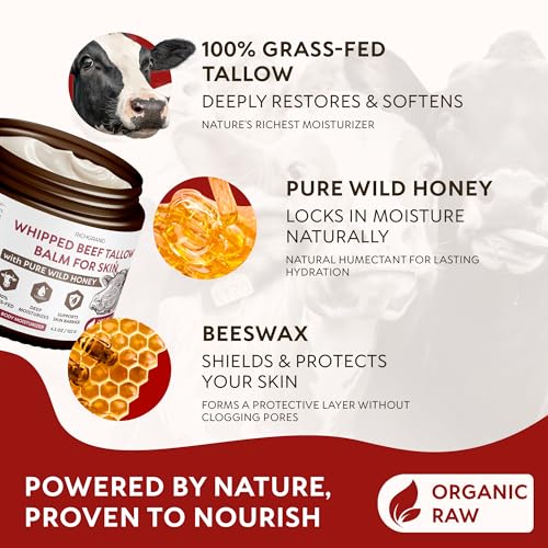 Beef Tallow for Skin - Whipped Grass-Fed Moisturizer with Wild Honey & Beeswax, Natural Face & Body Care, Deep Hydration, Anti-Aging, Sensitive Skin Safe, 100% Organic Balm