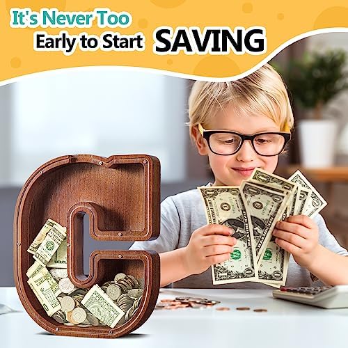 Summidate Large Wooden Piggy Bank for Kids Adults, Alphabets Letter A-Z Piggy Bank for Boys Girls, Coins Bills Change Bank Box Personalized Initial Name Kids Money Bank for Birthday Present and Decor