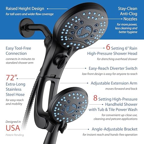 Hotel Spa AquaCare As-Seen-On-TV High Pressure Handheld/Rain 50-mode 3-way Shower Head Combo with Adjustable Arm - Anti-clog Nozzles, Tub & Pet Power Wash, 6 ft. Hose, Matte Black Finish