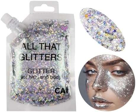 Body Glitter Gel- Face, Body & Hair (2 PK Silver/Violet) Chunky Iridescent Holograph Stars & Moon, 6 oz | Cosmetic-Grade Makeup, Apply Without Glue, Easy to Take Off & Keep Skin Clean - for Raves