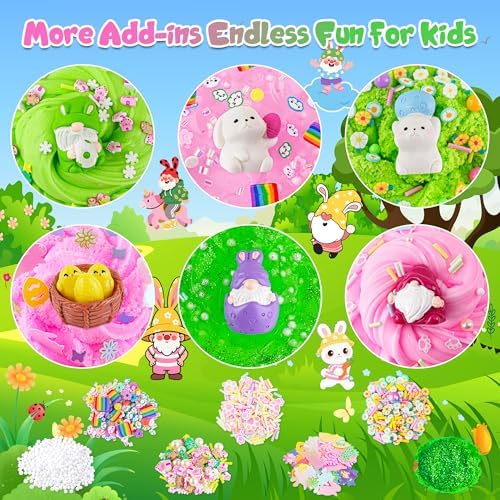 LAWOHO 6 Packs Bunny Pink Slime Kit -Cloud Clear Butter Slimes with Easter Charms & Add-ins, Soft Fluffy Slimes Kits for Girls & Boys, 360ml Pink & Green Easter Slime Making Kit Party Favor for Kids