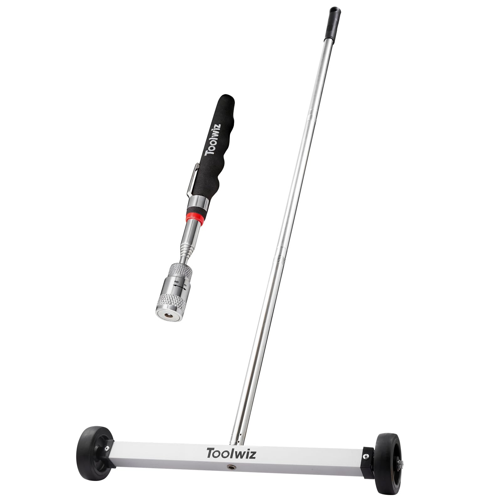 Toolwiz 17" Rolling Magnetic Sweeper 10lbs, with 8 lbs Telescopic Magnetic Pick Up tools with LED light–Lightweight Pick-up Sweeper with Wheels for Nails, Screws & Metal Debris Home Use Workshop