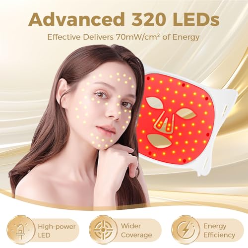 Red Light Therapy for Face, LED Face Mask Light Therapy, Red Light Therapy Mask for Acne, Wrinkles and Skin Rejuvenation, 320 LEDS, 3 Modes, 10-Min Auto Off, Eye Protection Included