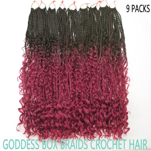 Boho Crochet Braids 9 Packs 24 Inch Goddess Box Braids Crochet Hair for Women Pre-looped Bohemian Crochet Box Braids with Curly Ends Synthetic Braiding Hair Extensions (24inch, OTBUG#)