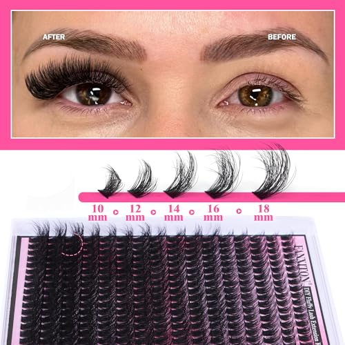FANXITON DIY Lash Extension Kit Fluffy Lash Clusters 288 pcs Thick Lash Clusters Kit D Curl 10-18 mm Cluster Eyelash Extension Kit with Lash Bond and Seal Lash Tweezers Individual Lashes For Beginners