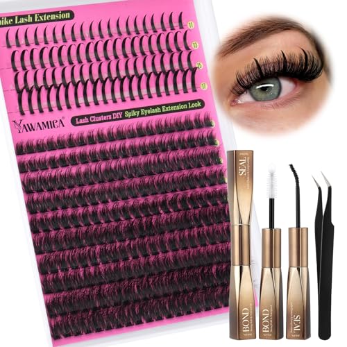 Yawamica Lash Clusters Kit with Spikes Manga Lash Extension Kit Fluffy Eyelash Clusters 10-16mm Cluster Eyelash Extensions 60D Individual Lashes 11-17mm Spiky Lashes with Bond and Seal Lash Tweezers