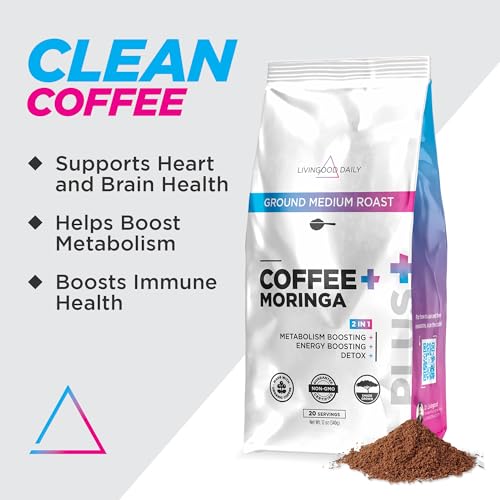 Livingood Daily Medium Roast Blend Coffee with Moringa, Ground Coffee - Low Acid, Shade Grown & Made with Organic Coffee - Detox & Energy Boosting - 12 Oz