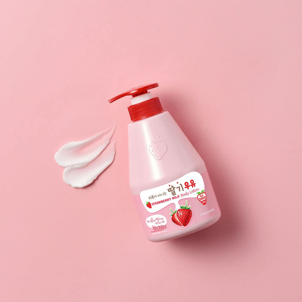 KWAILNARA Strawberry Milk Body Lotion (19.75 Fl Oz) – Deeply Hydrating & Lightweight Korean Body Lotion | Milk Protein, Royal Jelly, & Strawberry Extract for Smooth Skin | Paraben-Free & Non-Greasy
