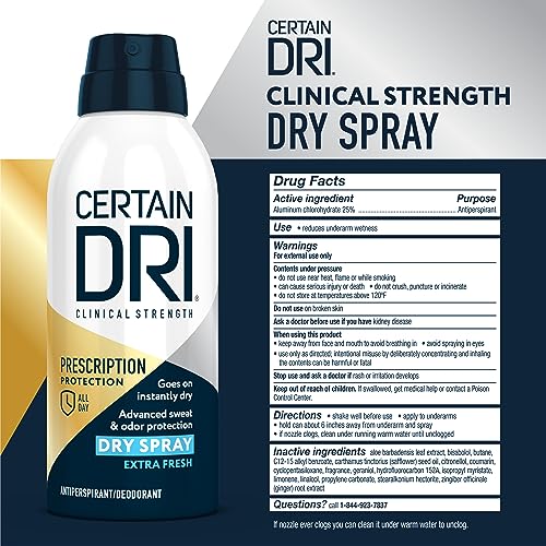Certain Dri Prescription Strength Clinical Antiperspirant Dry Spray, Hyperhidrosis Treatment for Men & Women, Long-Lasting 72hr Protection, Whole Body Spray Deodorant, Fresh Scent, 4.2 oz, 3 Pack