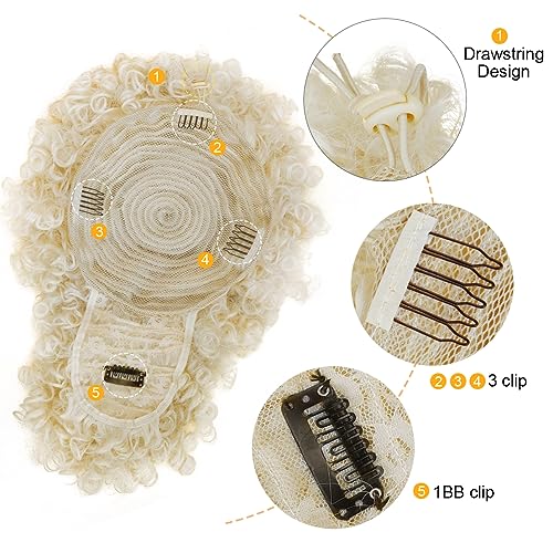 Ceitq Afro Puff Ponytail Extensions with Bangs Drawstring Ponytail for Women Short Kinky Curly Ponytail with Bangs Blonde Clip in Wrap Updo Hairpieces