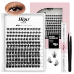 Higu clace DIY Eyelash Extension Kit, 144pcs D Curl Lash Clusters, 8-16mm Softy Cluster Lashes, with Lash Bond and Seal, Lash Tweezers, Reusable Fluffy Cluster Eyelash Extension Kit(R-08 Kit)