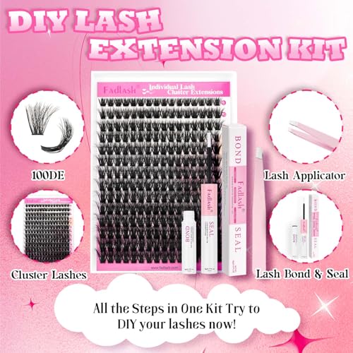 FADLASH Lash Extension Kit 100D Lash Clusters D Curl Lash Cluster Kit DIY Eyelash Extension Kit with Lash Bond and Seal Lash Applicator Tool 3D Effect fluffy Cluster Lashes(100D Kit, Mix 8-16mm)