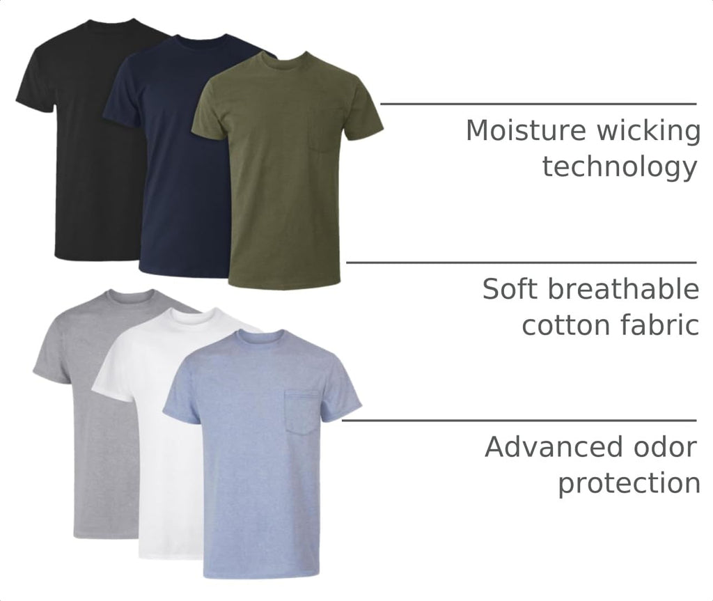 Hanes Men's Cotton Pocket T-Shirt, Moisture-Wicking with Odor Control, Assorted, 6-Pack