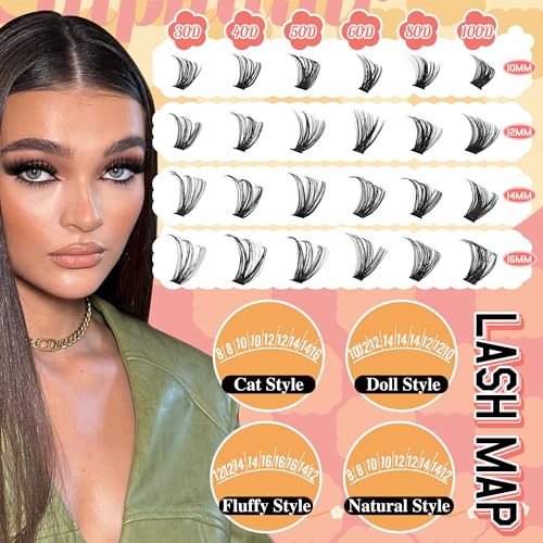 Lash Clusters Kit Wispy Eyelash Extension Kit 480pcs Individual Lashes D Curl Cluster Eyelash Extensions 8-16MM DIY Lash Extension Kit with Lash Bond and Seal Lash Tweezers (30D+40D+50D+60D+80D+100D)