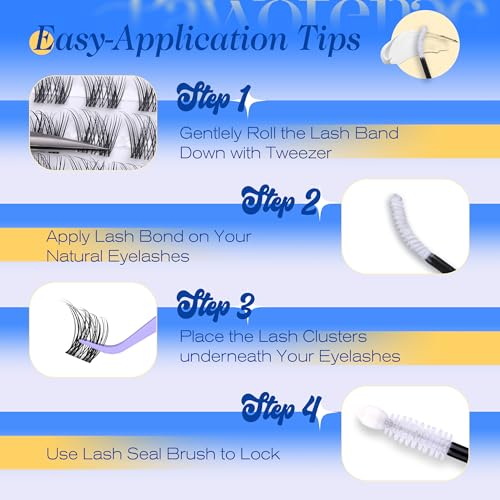 Pawotence Lash Clusters Kit Wispy Clear Band Lash Extension Kit 10-16mm Cluster Eyelash Extensions Kit Individual Lashes Wipsy Eyelash Clusters with Clear Lash Bond and Seal, Lash Tweezers