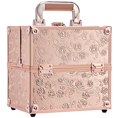 FRENESSA Makeup Train Case Cosmetic Box Portable Makeup Case Organizer 4 Trays Travel Case Storage with Dividers Lockable for Makeup Artist, Crafter, Makeup Tools Rose Gold Floral
