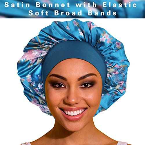 Satin Bonnet Silk Bonnet Hair Bonnet for Sleeping- 6 Pack Bonnets for Black Women with Wide Elastic Band for Curly Hair