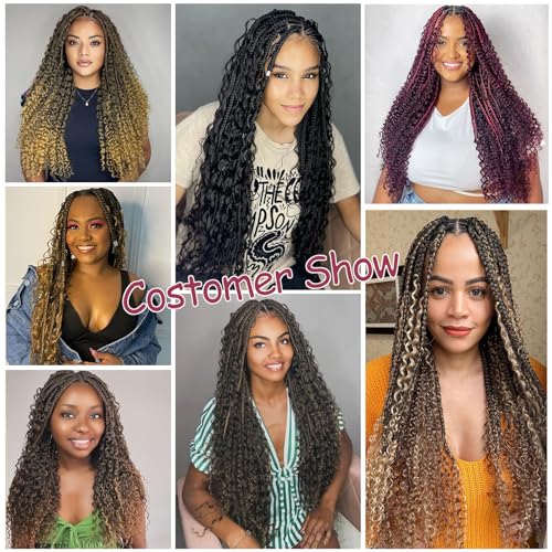 TBUG Goddess Crochet Braids 24 Inch Ombre Burgundy Crochet Boho Braids 8 Packs 3X Crochet Hair Bohomian Box Braids Crochet Braids Messy Pre-looped Synthetic Crochet Braids for Black Women