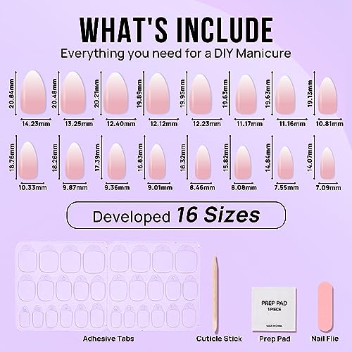 Almond Press On Nails Medium - BTArtbox Soft Gel Ombre Fake Nails with Nail Glue, Semi-Transparent Reusable Glue On Nails in 16 Sizes - 30PCS Stick On Nails Kit, Vanilla Cream Almond