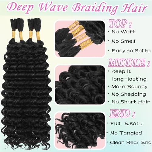 Human Braiding Hair Mix Synthetic Boho Hair for Braiding, 16 Inch 200g Boho Braids 4 Bundles Wet and Wavy Curly Deep Wave Bulk Bohemian Extensions for Black Women (1B, 16inch)