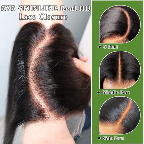 5x5 SKINLIKE Real HD Lace Closure Straight Human Hair 0.095mm Ultra-thin hd lace Closure with Tiny knots Brazilian Virgin Human Hair Free Part Closure pre plucked with Natural Hairline, 16inch