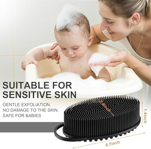 Metene 2 Pack Silicone Exfoliating Body Scrubber with Loop, Body Scrubber for Men and Women, Silicone Loofah for Shower, Soft Silicone Body Scrubber for Shower and Bath Skincare Routine(Black)