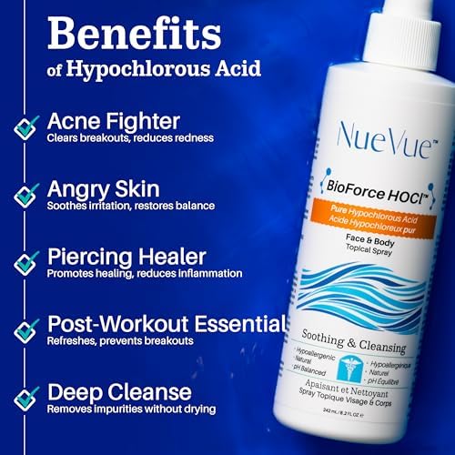 BioForce Pure Hypochlorous Acid Spray for Face & Body - Acne-Prone Skin & Eczema, Piercing aftercare, Made in Canada, Gentle Skin Cleanser & Toner, pH Balanced, Non-comedogenic (33 Oz)