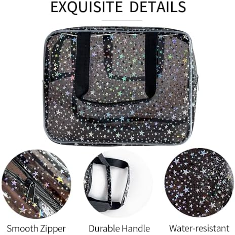 Black Holographic Star Cosmetic Bag for Women 11.8x5.1x8.2 Inches Portable Travel Toiletry Bag with Handles,Durable PVC Material,Zipper Design-Ideal Large Clear Makeup Organizer