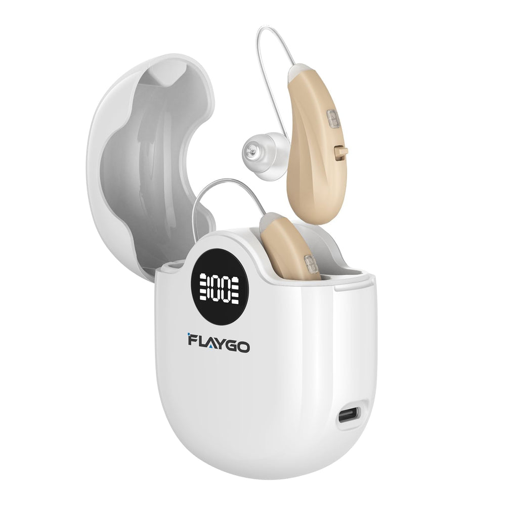 Flaygo Hearing Amplifiers, Otc Hearing Aids For People With Hearing Loss, Sound Quality Restoration, Intelligent Noise Reduction, Standby 80h, One-Button Operation, Comfortable Wearing, White