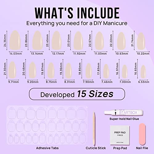 BTArtbox Press On Nails Medium Almond - Fall Press on Nails Chrome Nails, Light Weight & Fit Perfectly Fake Nail with Nail Glue, Nude Glue On Nails in 15 Sizes, Glazed Donut