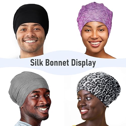 Mulberry Silk Bonnet for Sleeping Hair Wrap Men Women Curly Adjustable Night Cap for Natural Hair Anti Frizz Stay on 1Pcs (Black)