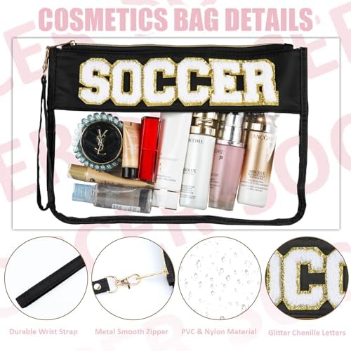 2 Pcs Soccer Gifts Makeup Bag with Chenille Letter Patch, Clear Cosmetic Pouch PVC Organizer Purse, Waterproof Travel Bag, Portable Toiletry Storage Bag for Her Girls Friends Women