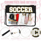2 Pcs Soccer Gifts Makeup Bag with Chenille Letter Patch, Clear Cosmetic Pouch PVC Organizer Purse, Waterproof Travel Bag, Portable Toiletry Storage Bag for Her Girls Friends Women