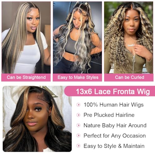 28 Inch 1B/27 13x6 Balayage Highlight Ombre Body Wave Lace Front Wigs Human Hair Honey Blonde Colored Lace Frontal Glueless Wigs Human Hair Pre Plucked for Women with Baby Hair