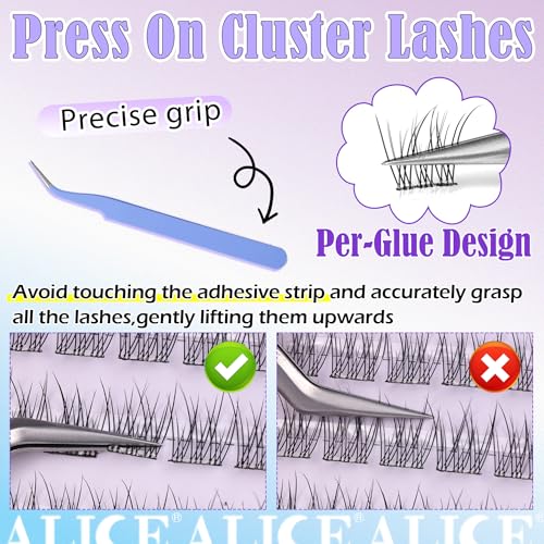 ALICE Self Adhesive Eyelashes Natural Self Adhesive Lash Clusters No Glue Needed Wispy Reusable Press on Lashes Pre-Glue 10-12mm 120pcs C Curl DIY Eyelash Extensions Kit with Lash Tweezers