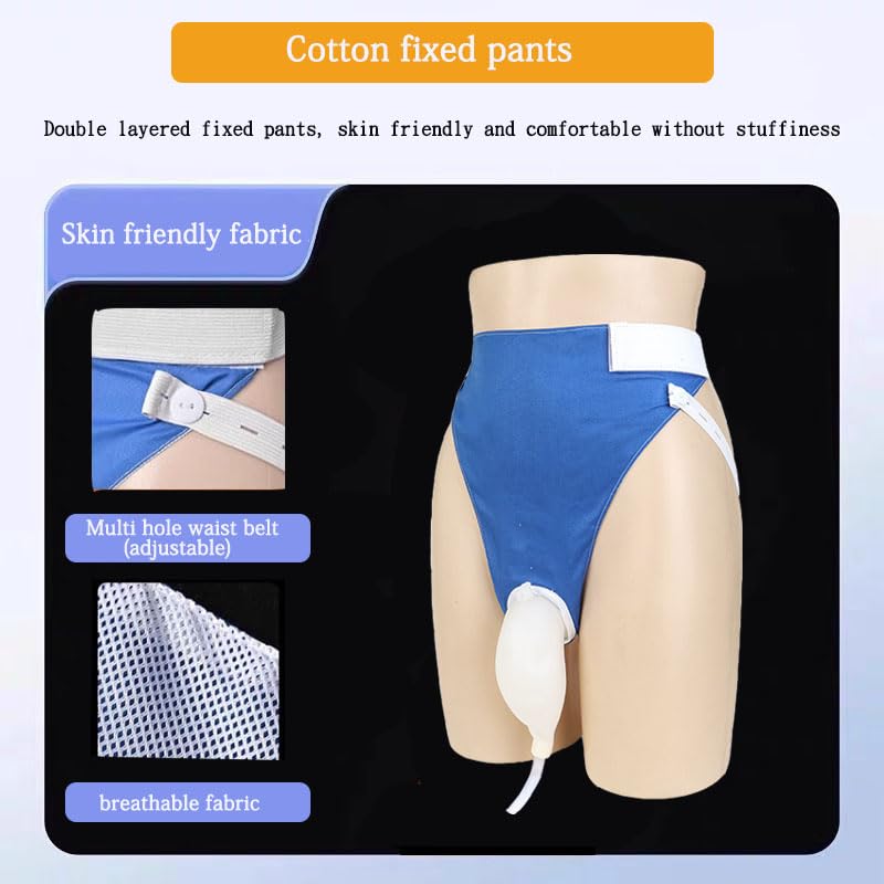 Condom Catheter Urine Collection Bag Reusable Wearable Silicone Urine Drainage Device with 2 Catheter Bag Systems 2 Piece Pants Set (Men Blue+White)