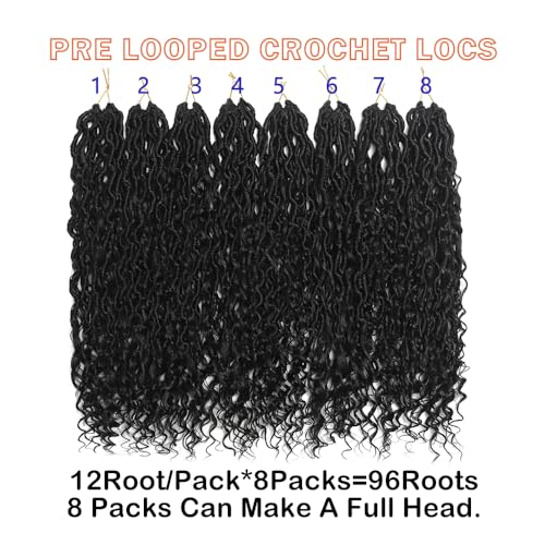 28 Inch Goddess Locs Crochet Hair 8 Packs Boho Faux Locs Crochet Braids for Black Women, Pre Looped Hippie River Locs Crotchet Hair with Curly Ends (28inch (pack of 8), 1B)