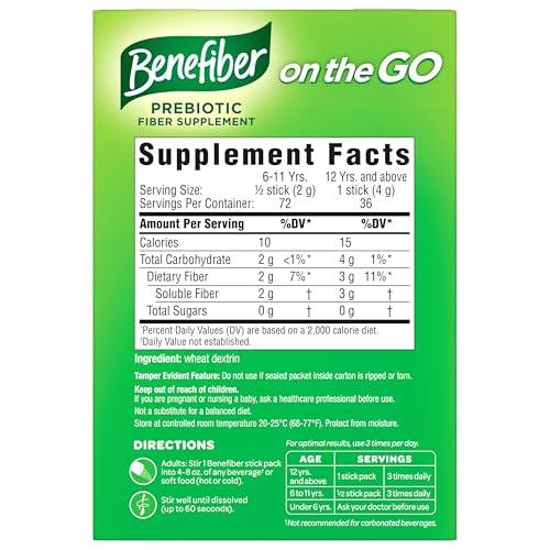 Benefiber On The Go Prebiotic Fiber Supplement Powder for Digestive Health, Daily Fiber, Unflavored Stick Packs - 36 Sticks (Pack of 2)
