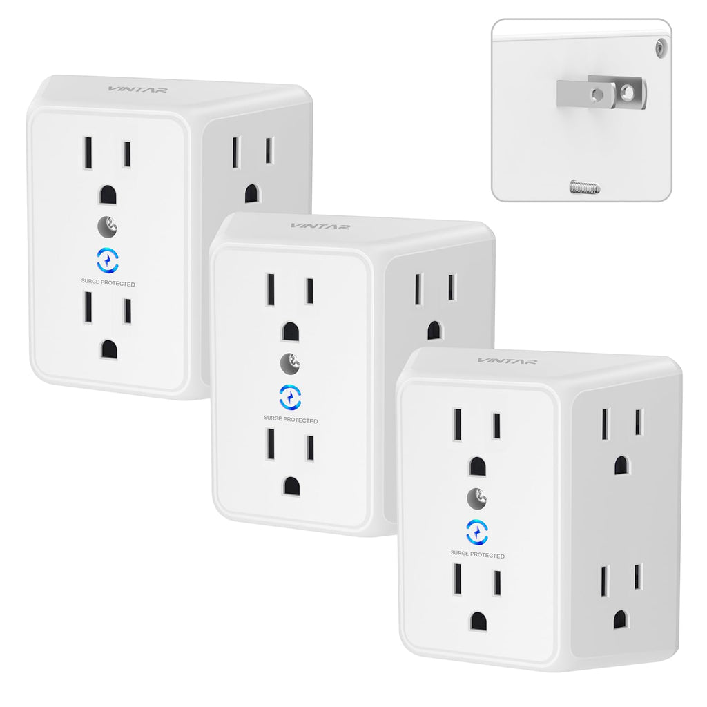 VINTAR 2 Prong to 3 Prong Outlet Adapter, 6 Outlet Widely Spaced Extender, 2 to 3 Prong Adapter, Polarized Plug, 1875W Wall Charger Surge Protector, Mountable Wall Tap for Non Grounded Outlets,3 Pack