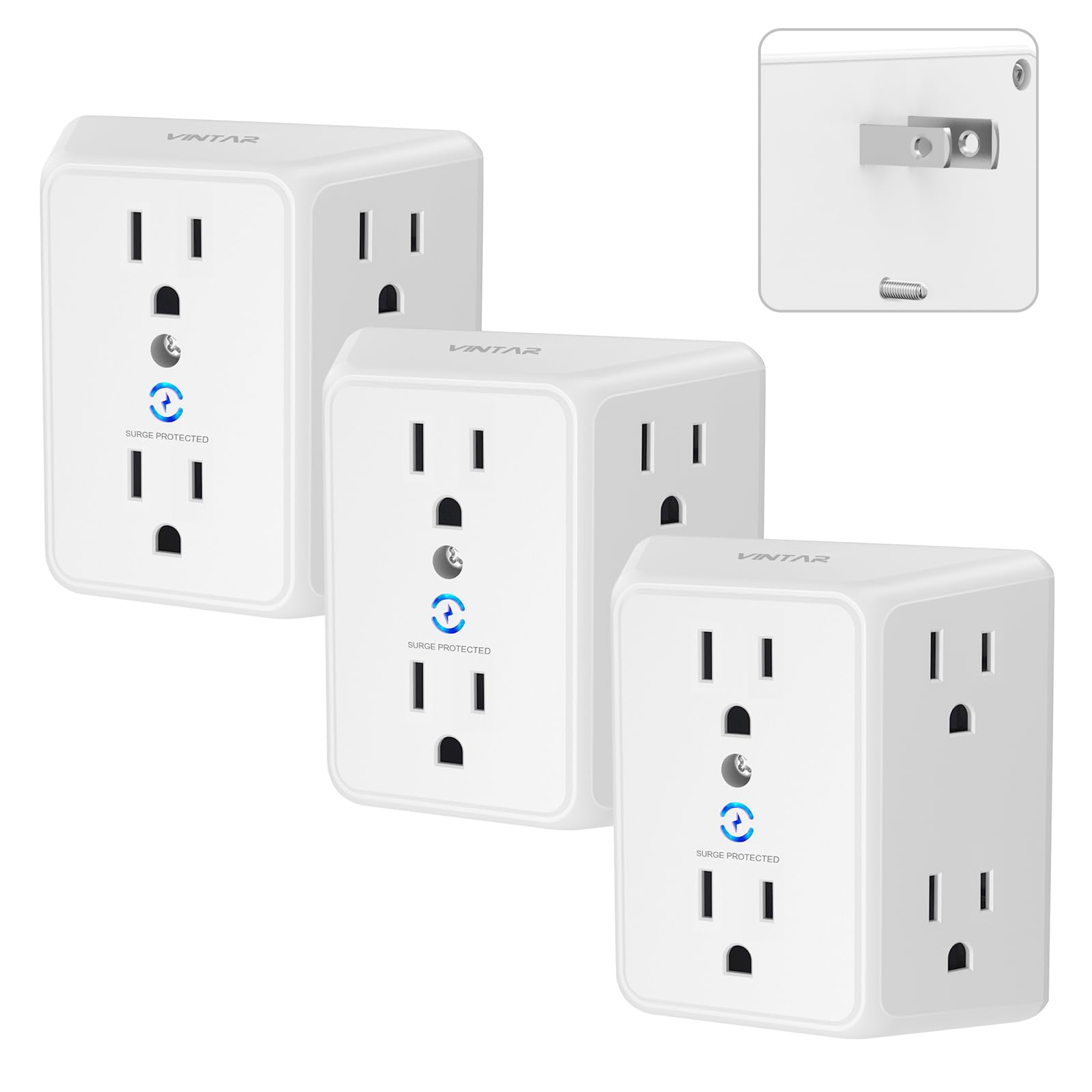 VINTAR 2 Prong to 3 Prong Outlet Adapter, 6 Outlet Widely Spaced Extender, 2 to 3 Prong Adapter, Polarized Plug, 1875W Wall Charger Surge Protector, Mountable Wall Tap for Non Grounded Outlets,3 Pack