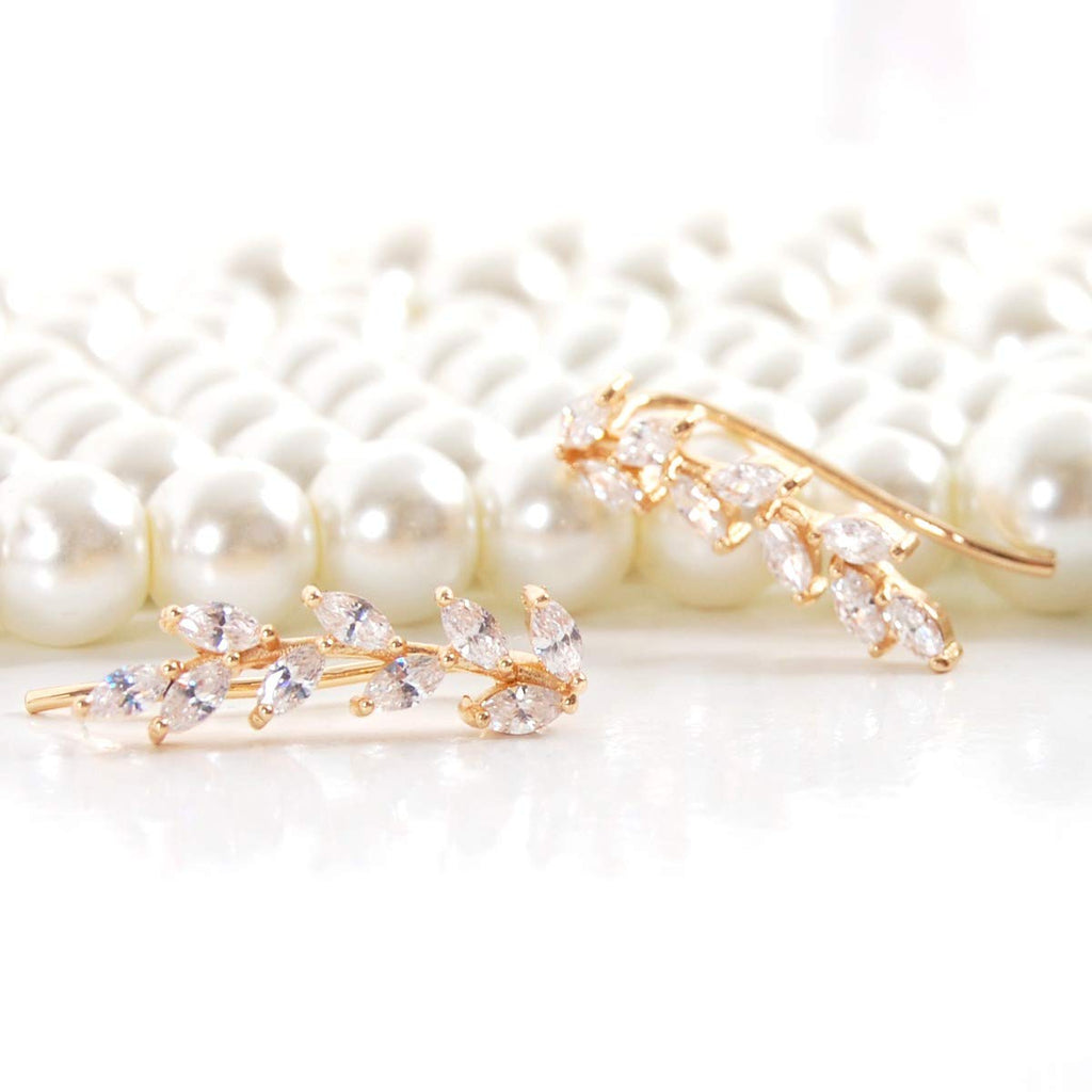 CZ Ear Climber Earrings for Women, 14K Gold Plated Dainty Leaf Crawler Cuff