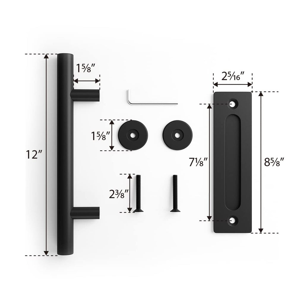 SMARTSTANDARD 12" Heavy Duty Sliding Barn Door Handle, Pull and Flush Hardware Set, Black Powder Coated Finish, Large Rustic Two-Side Design, Round