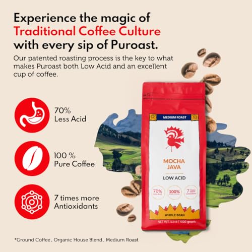 Puroast Low Acid Coffee Whole Bean | Mocha Java Whole Bean | Medium Roast | High Antioxidants & High pH |No Bitter Aftertaste | Reduced Heartburn & GERD | Suitable for Cold Brew - 2.2 LB