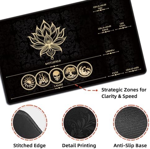 MTG Playmat with Play Zones – Magic Play mat Card Game Mat for Magic The Gathering, Lotus & Basic Lands Design, 24x14 inch, Stitched Edge, Non-Slip Base with Prismatic Playmat Tube-Gold Zone