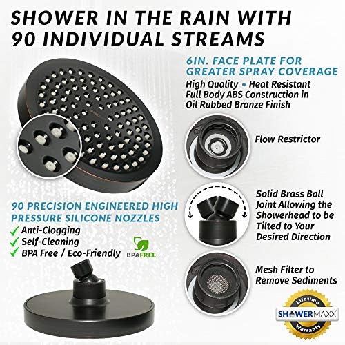 Luxury Spa Series: Bronze Rain Shower Head, 6-Inch Round Rain Showerhead with 360 Tilt, Experience Rainfall with MAXX Comfort and Elegance (Oil Rubbed Bronze)