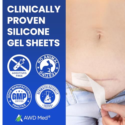 AWD Silicone Scar Sheets for Scar Removal - Extra Thick 0.5mm Silicone Scar Tape for Surgical Scars, C Section, Keloid - Silicone Skin Patches Extra Thick 0.5mm Longer Use (5 Pcs, 1.6” x 6”), Clear