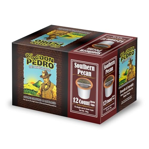 Cafe Don Pedro Southern Pecan Low Acid Coffee Pods, 12 Count - Compatible with Keurig K cups Coffee Maker - 100% Arabica, Stone Ground, Stomach Friendly Coffee K Cups for Sensitive Stomachs