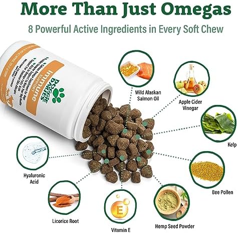 Doggie Dailies Omega 3 for Dogs, 225 Soft Chews, Salmon Oil for Dogs with Apple Cider Vinegar, Bee Pollen, Kelp, Zinc & Biotin - for Healthy Skin & Coat, Immune System & Seasonal Allergy Support